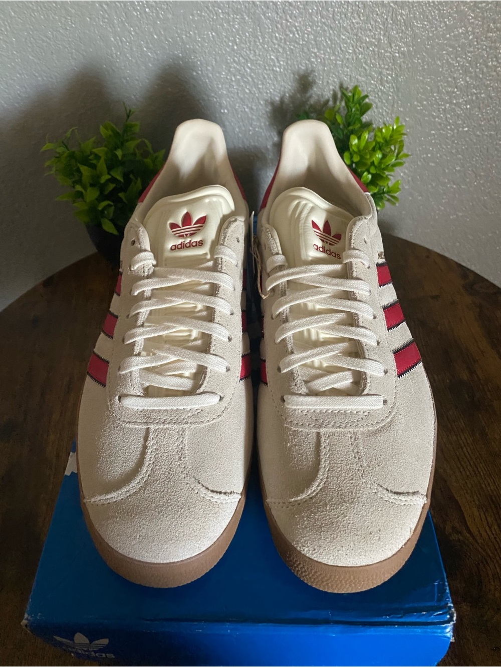 Adidas Cream Suede Sneakers with Red Stripes